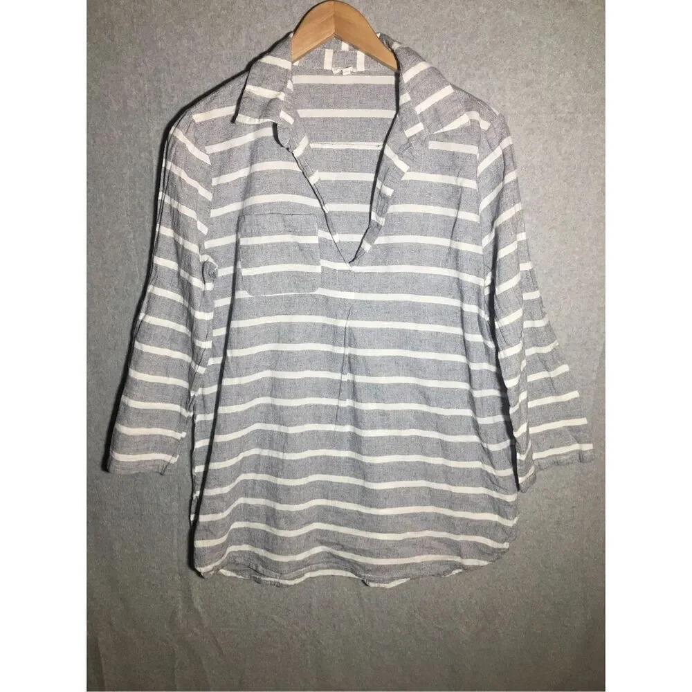Womens En Crème Blouse Grey White Stripes Boho Beachy Summer Spring Coastal
